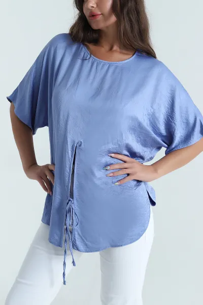 Mavi Yırtmaçlı Saten Kadın Bluz 471549