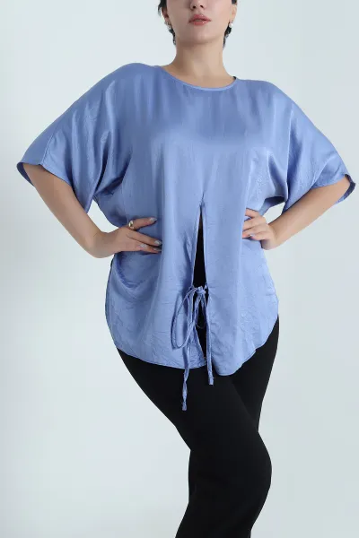 Mavi Yırtmaçlı Saten Kadın Bluz 481247