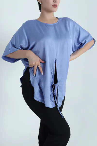 Mavi Yırtmaçlı Saten Kadın Bluz 481247