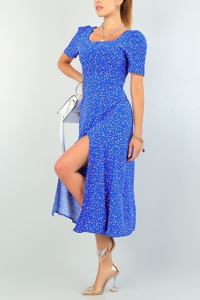 Mavi Yırtmaçlı Tasarım Dokuma Elbise 72167
