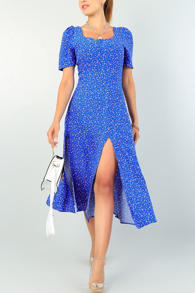 Mavi Yırtmaçlı Tasarım Dokuma Elbise 72167