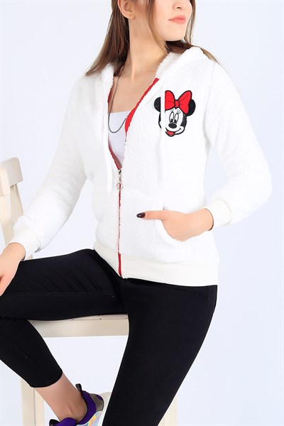 Mickey İşlemeli Beyaz Bayan Peluş Sweat 25473B