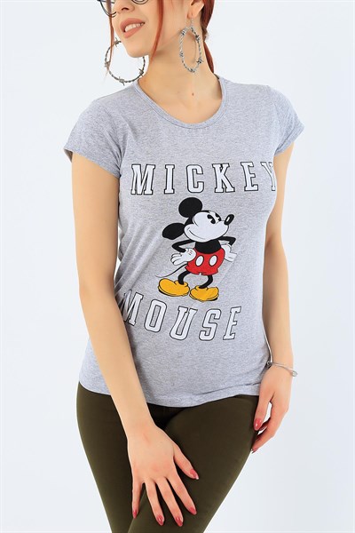 Mickey Baskılı Gri Bayan Tişört 31113