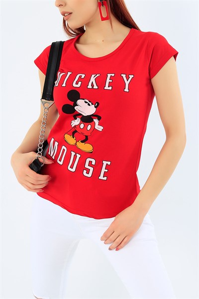 Mickey Baskılı Kırmızı Bayan Tişört 31114