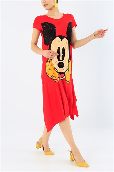 Mickey Baskılı Kırmızı Likralı Elbise 35440