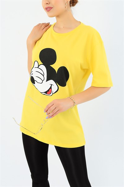 Mickey Baskılı Sarı Bayan Tişört 36395