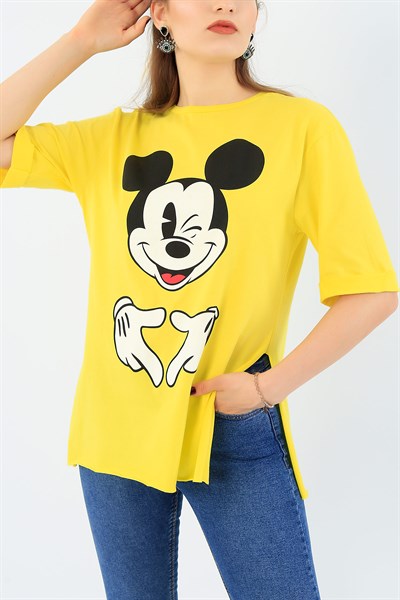 Mickey Baskılı Sarı Bayan Tişört 36895