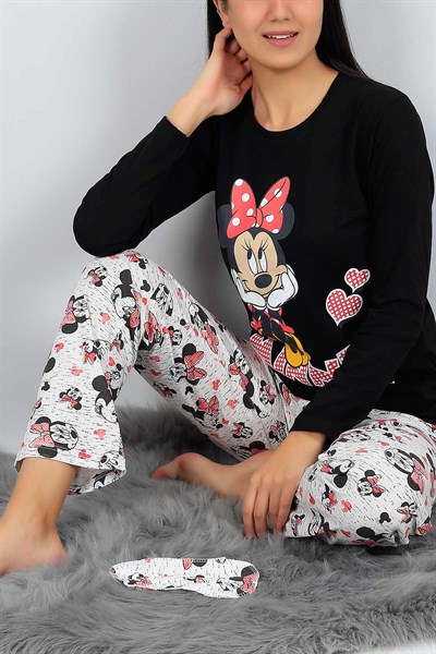 Mickey Baskılı Siyah Bayan Pijama Takımı 23633B