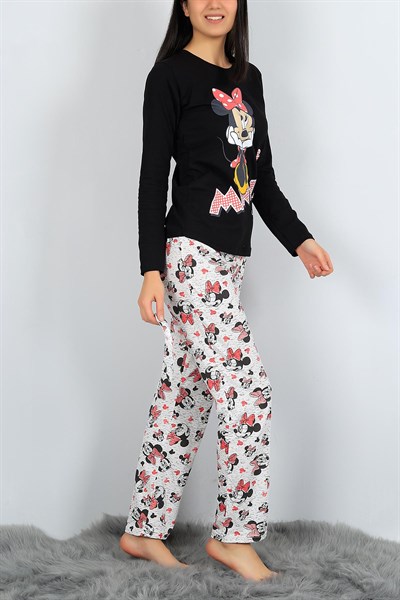 Mickey Baskılı Siyah Bayan Pijama Takımı 23633B