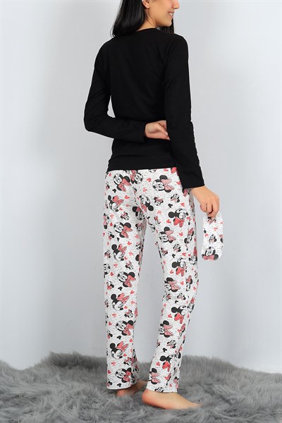 Mickey Baskılı Siyah Bayan Pijama Takımı 23633B