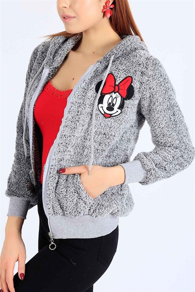 Mickey İşlemeli Gri Bayan Peluş Sweat 25570B