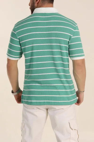 Mint Oversize Çizgili Petek Dokulu Polo Yaka Erkek Triko Tişört 354051