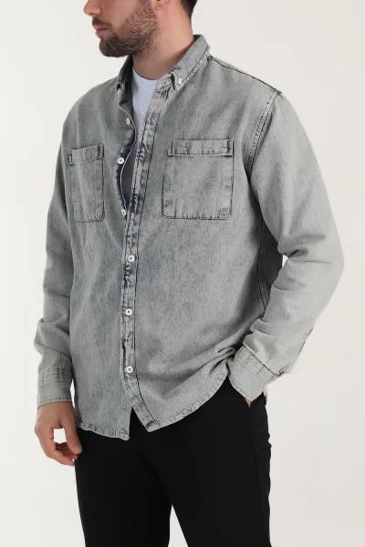 Mint Relaxed Fit Çift Cep Detaylı Erkek Kot Gömlek 409204