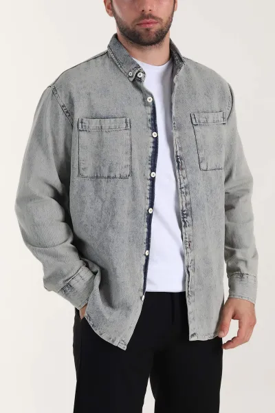 Mint Relaxed Fit Çift Cep Detaylı Erkek Kot Gömlek 409204