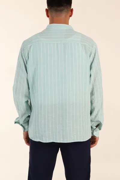 Mint Relaxed Fit Keten Ata Yaka Çizgili Erkek Gömlek 376953