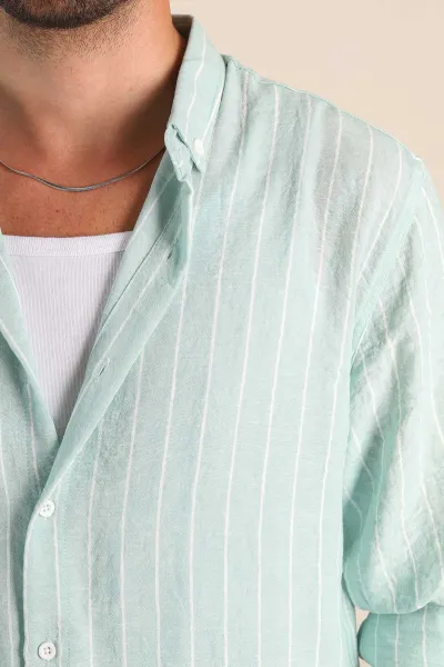 Mint Relaxed Fit Keten Ata Yaka Çizgili Erkek Gömlek 376953