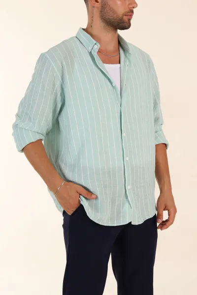 Mint Relaxed Fit Keten Ata Yaka Çizgili Erkek Gömlek 376953