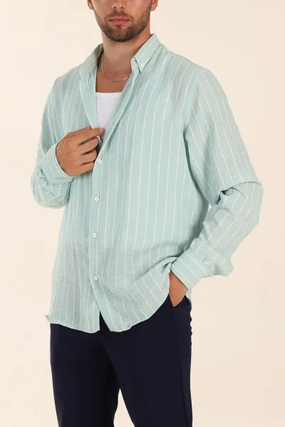Mint Relaxed Fit Keten Ata Yaka Çizgili Erkek Gömlek 376953