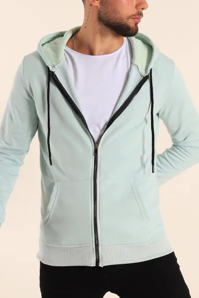 Mint Yeşili Fermuarlı Kapüşonlu Erkek Sweatshirt 236546