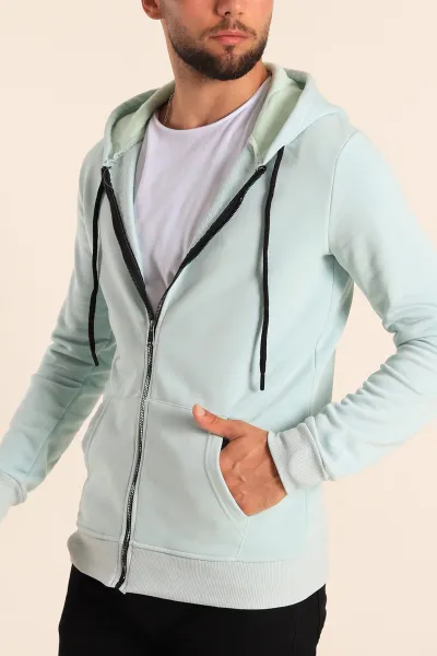 Mint Yeşili Fermuarlı Kapüşonlu Erkek Sweatshirt 236546