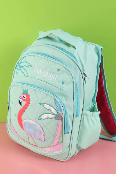 Mint Yeşili Peluş Flamingo Kabartma Desenli Beslenme Çantalı İkili Sırt Çantası Seti 288989