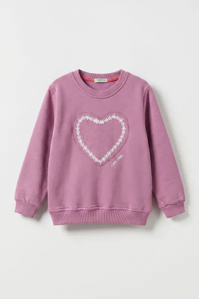 Mor (2-12 Yaş) Kalp Nakışlı Taşlı  İçi Şardonlu Kız Çocuk Sweatshirt 483265