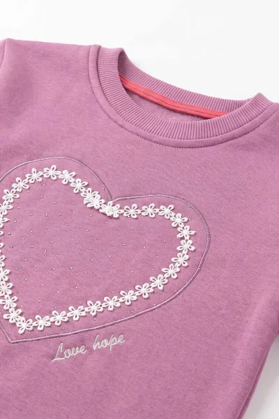 Mor (2-12 Yaş) Kalp Nakışlı Taşlı  İçi Şardonlu Kız Çocuk Sweatshirt 483265