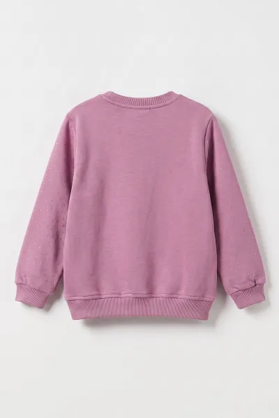 Mor (2-12 Yaş) Kalp Nakışlı Taşlı  İçi Şardonlu Kız Çocuk Sweatshirt 483265