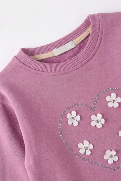 Mor (2-12 Yaş) Kalpli Çiçek Nakışlı Taşlı  İçi Şardonlu Kız Çocuk Sweatshirt 483288