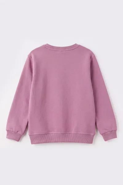 Mor (2-12 Yaş) Kalpli Çiçek Nakışlı Taşlı  İçi Şardonlu Kız Çocuk Sweatshirt 483288