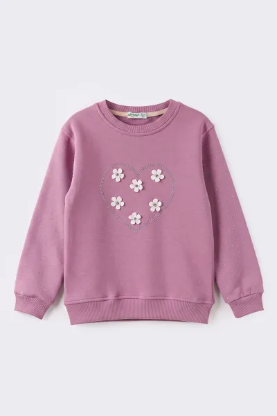 Mor (2-12 Yaş) Kalpli Çiçek Nakışlı Taşlı  İçi Şardonlu Kız Çocuk Sweatshirt 483288
