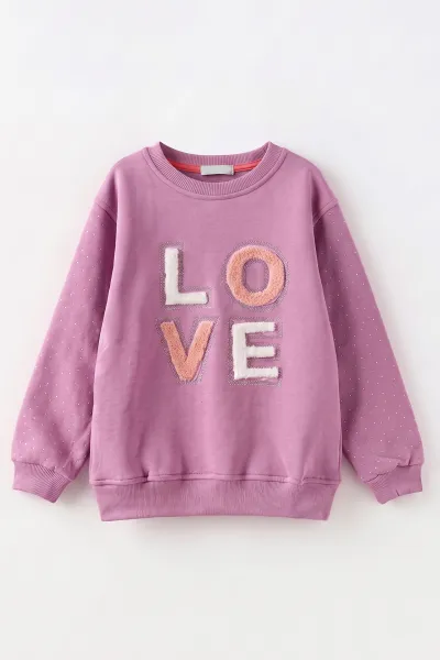 Mor (2-12 Yaş) Love Nakışlı Taşlı  İçi Şardonlu Kız Çocuk Sweatshirt 483273