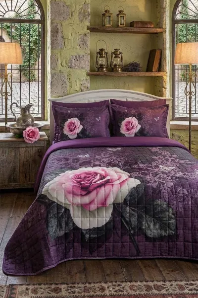 Mor 200x220 Cm Kapitoneli Çift Kişilik Yatak Örtüsü Takımı 465528
