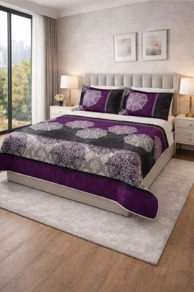 Mor 200x220 Cm Kapitoneli Çift Kişilik Yatak Örtüsü Takımı 465529