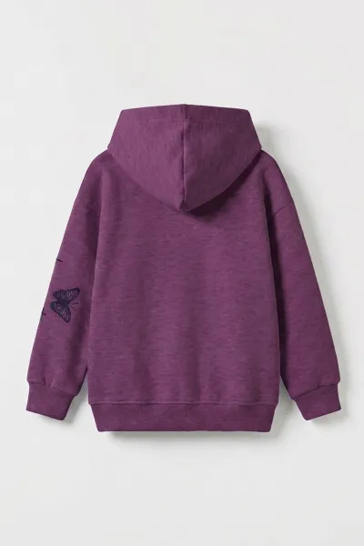 Mor (3-12 Yaş) Kelebek Baskılı Kapüşonlu  Şardonlu 3 İp Kız Çocuk Sweatshirt 484139