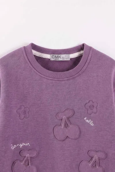 Mor (3-12 Yaş) Kiraz Nakışlı Şardonlu Kız Çocuk Sweatshirt 473991