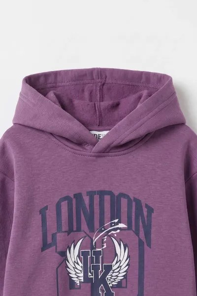 Mor (3-12 Yaş) London Baskılı 3 İp Şardonlu Kapüşonlu Kız Çocuk Sweatshirt 473974
