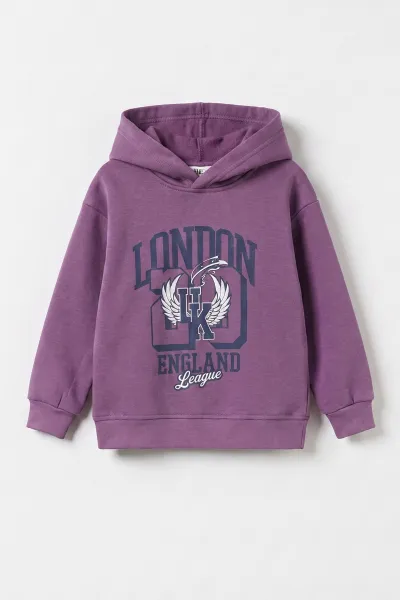 Mor (3-12 Yaş) London Baskılı 3 İp Şardonlu Kapüşonlu Kız Çocuk Sweatshirt 473974