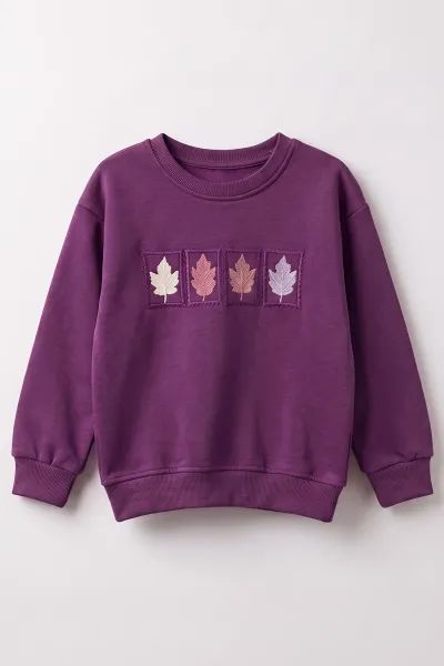 Mor (3-12 Yaş) Yaprak Nakışlı    3 İp Şardonlu Kız Çocuk Sweatshirt 478775