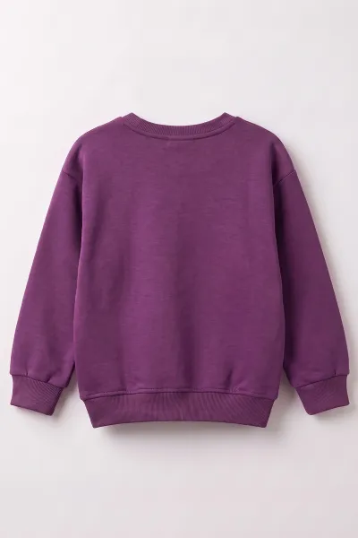 Mor (3-12 Yaş) Yaprak Nakışlı    3 İp Şardonlu Kız Çocuk Sweatshirt 478775