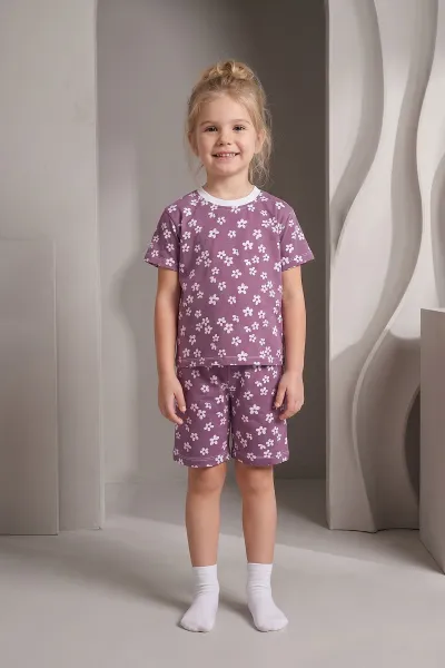 Mor (3-8 Yaş)Büyük Çiçek Desenli Şortlu Kız Çocuk Pijama Takımı 461464
