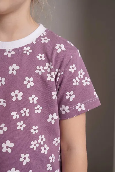 Mor (3-8 Yaş)Büyük Çiçek Desenli Şortlu Kız Çocuk Pijama Takımı 461464