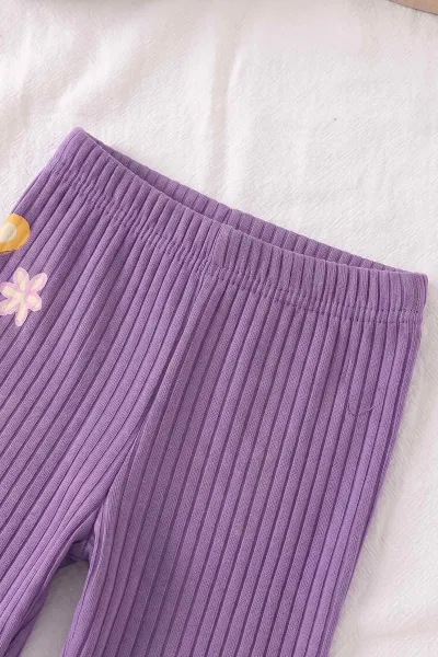 Mor (4-10 Yaş)Daisy Duck Baskılı  Alt Fitilli Baskılı Şort Diz Boy Kısa Taytlı Kız Çocuk Yazlık Takım 469891