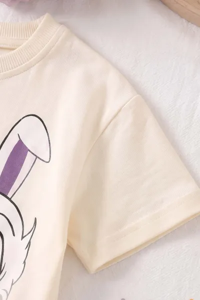 Mor (4-10 Yaş)Daisy Duck Baskılı  Alt Fitilli Baskılı Şort Diz Boy Kısa Taytlı Kız Çocuk Yazlık Takım 469891
