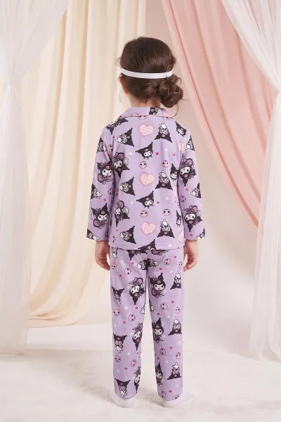 Mor (4-12 Yaş)Karakter  Desenli   Uzun Kol  Ön Düğmeli  Kız Çocuk Pijama Takım 473995