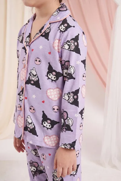 Mor (4-12 Yaş)Karakter  Desenli   Uzun Kol  Ön Düğmeli  Kız Çocuk Pijama Takım 473995