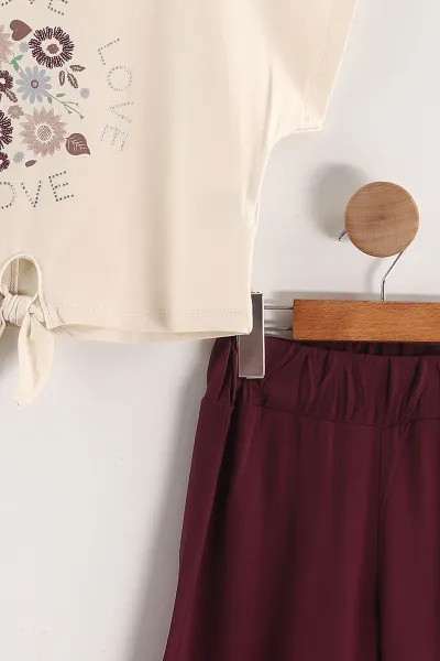 Mor (6-9 Yaş)Love Taşlı Bağlamalı Belmando Bol Paça Pantolonlu Kız Çocuk Takım 436481