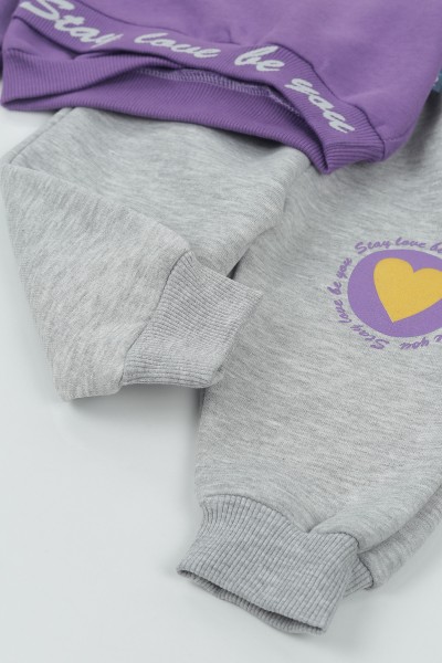 Mor (9-24 Ay) Stay Love Kalp Baskılı Üç İp Şardonlu Kız Çocuk Takım 136607