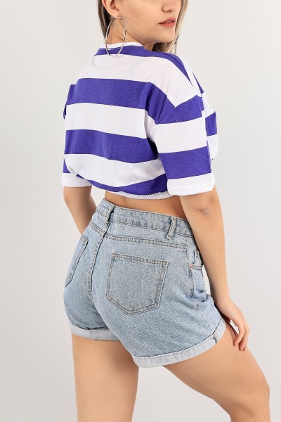 Mor Beli Lastikli Crop Tişört 116010