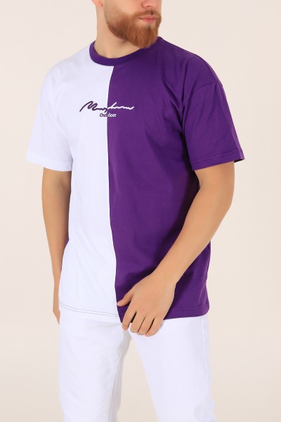 Mor Beyaz  Oversize Nakışlı  Erkek Tişört 169658